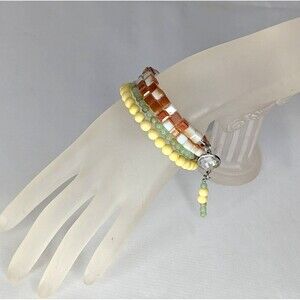 Adjustable Bracelet - 3 Coil, Yellow Jade, Amber, & Green Beads with Dangles